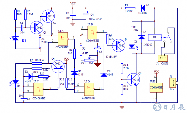 紅外接近開關(guān)電路 本例紅外接近開關(guān)電路是通過檢測發(fā)射的紅外線信號是否被發(fā)射來判斷前方是否有物體，從而控制繼電器的開關(guān)動(dòng)作來控制其它電路（本例省略）。.png